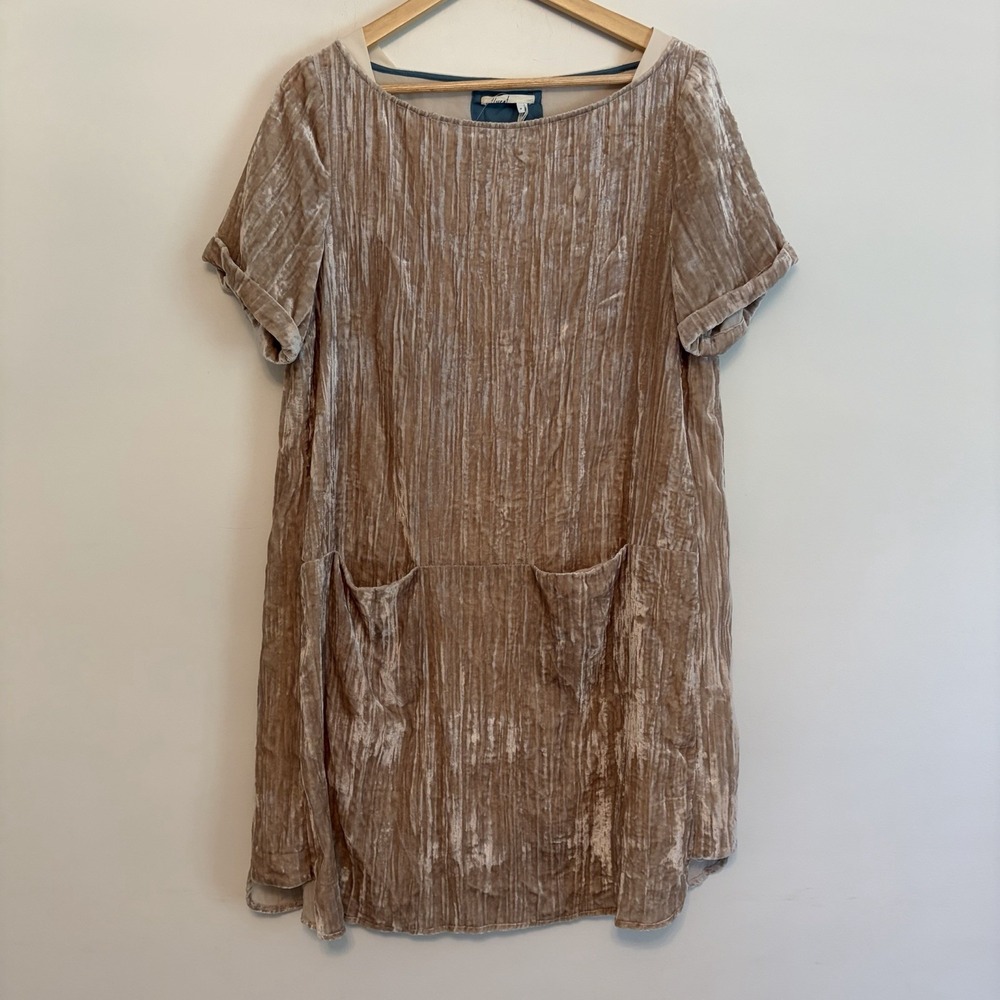 Floreat Anthropologie M Crushed Velvet Boho Chic Poetcore Shift Dress Champagne